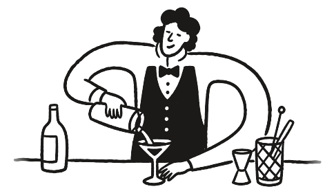 Line drawing of a bartender pouring a martini, from the party invite